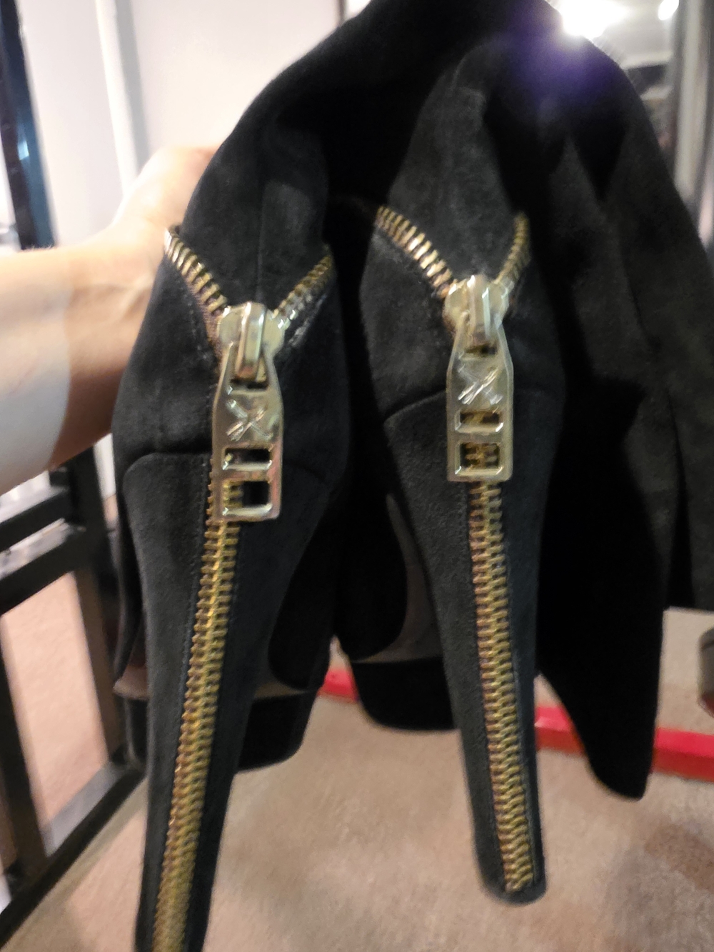Women's Black Suede High-Heel Knee Boot with Gold Zip - Picture 4 of 7